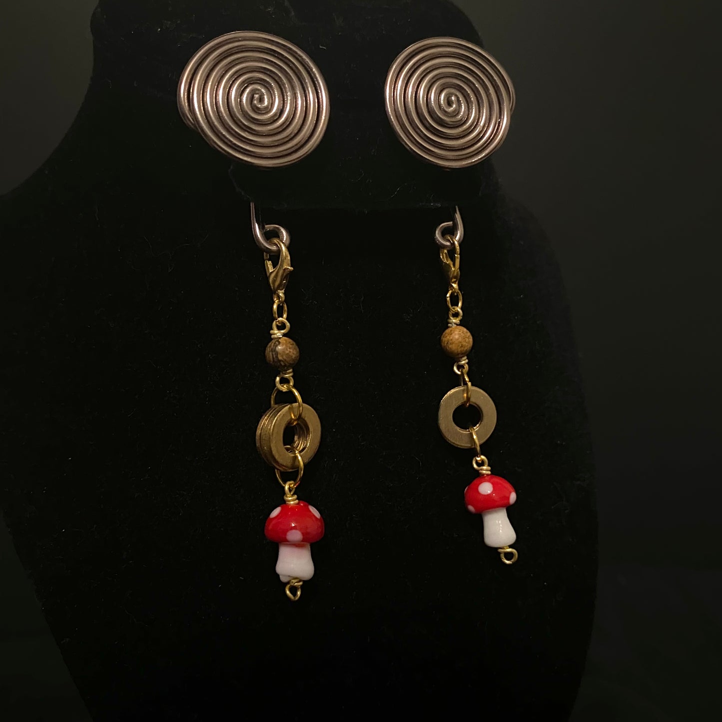 Bronze Spiral Gauge Earrings || Mushroom Fae