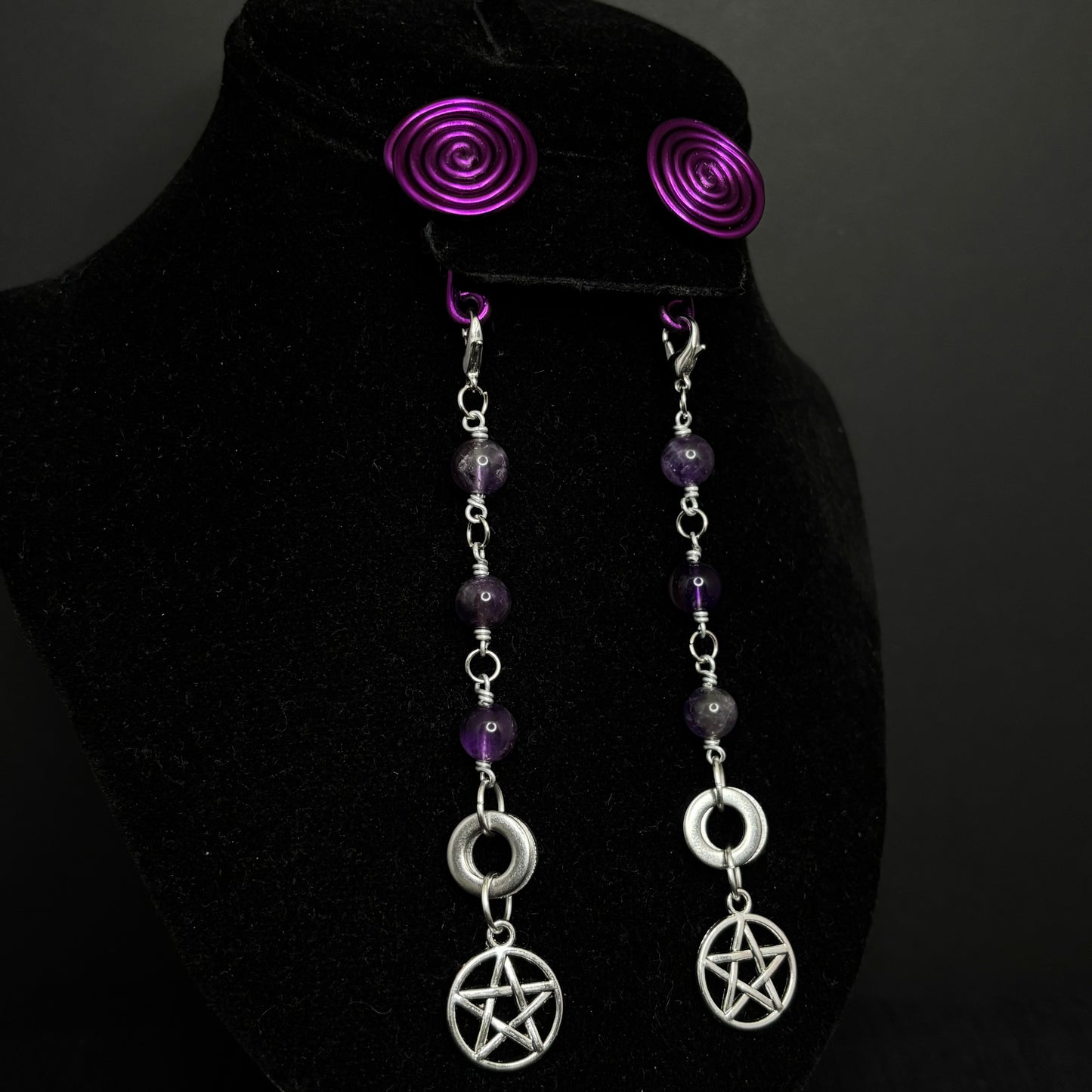 Purple Spiral Gauge Earrings | Amethyst Pentacle