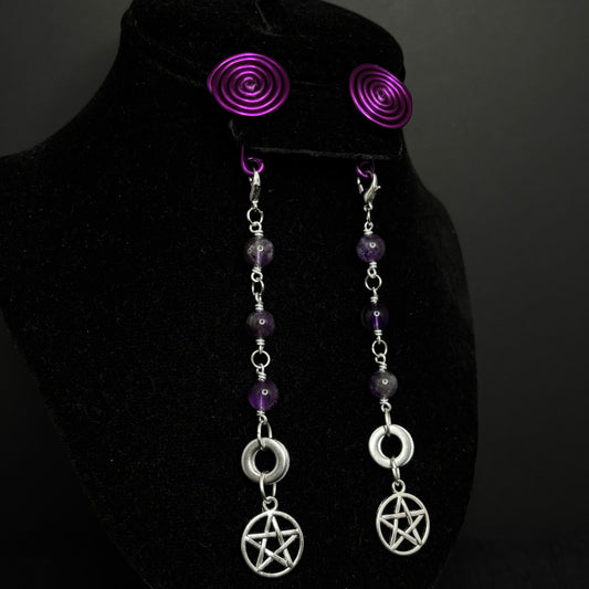 Purple Spiral Gauge Earrings | Amethyst Pentacle