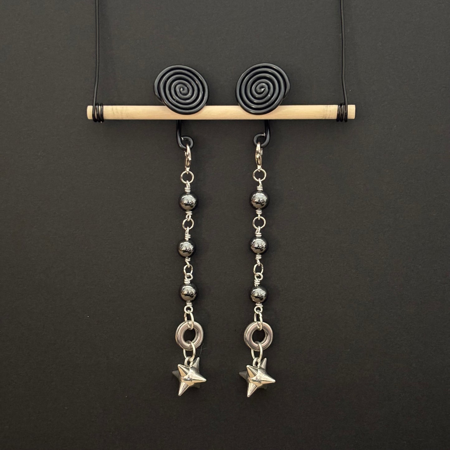 Black Spiral Gauge Earrings | Hematite Spike Ball