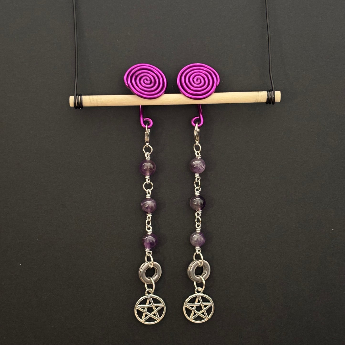 Purple Spiral Gauge Earrings | Amethyst Pentacle