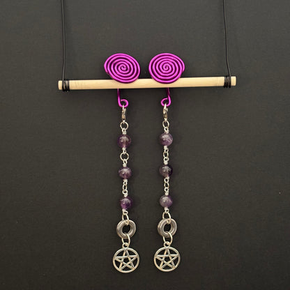 Purple Spiral Gauge Earrings | Amethyst Pentacle