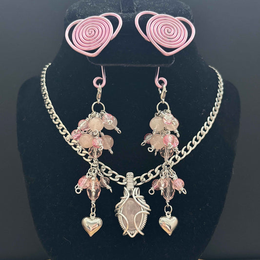 Jewelry Set Pink Heart Spiral Gauge Earrings