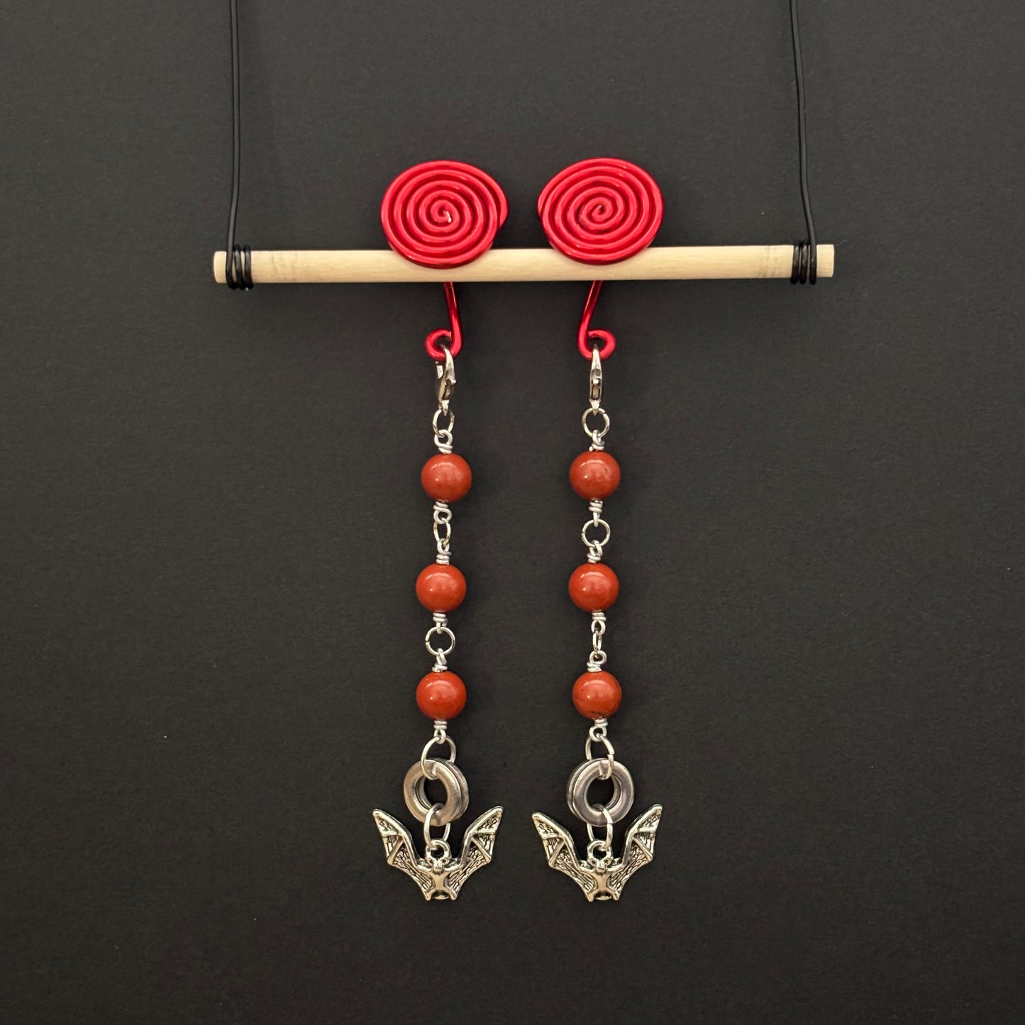 Red Spiral Gauge Earrings | Jasper Bat