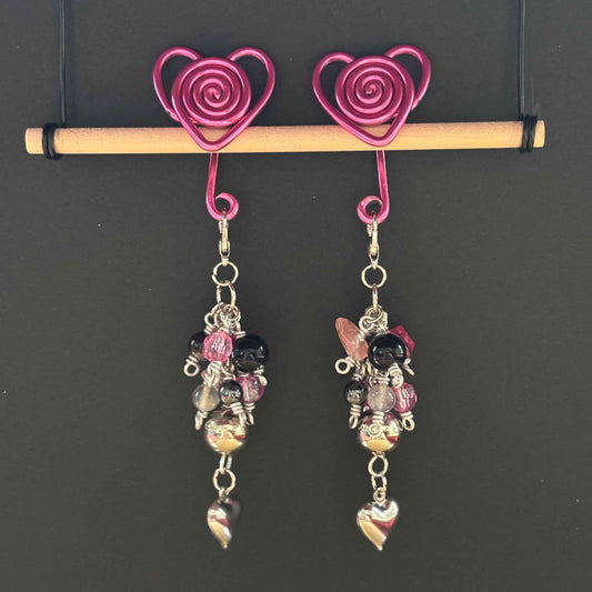Hot Pink Heart Spiral Gauge Earrings (Small Cluster) 8mm - 11mm
