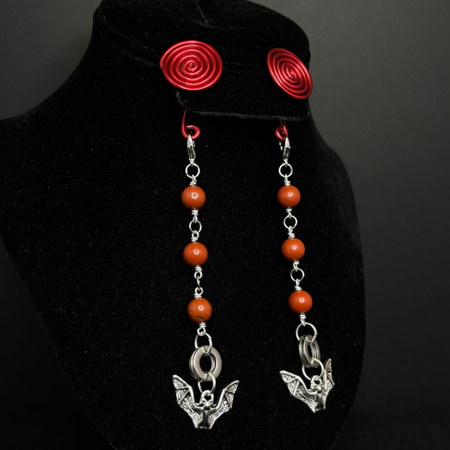 Red Spiral Gauge Earrings | Jasper Bat