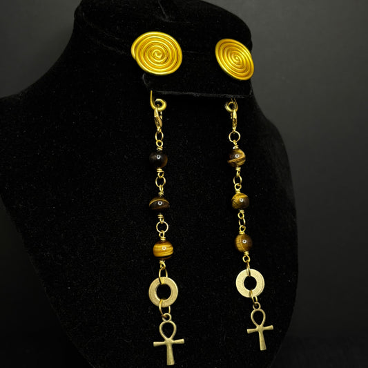 Golden Spiral Gauge Earrings | Tigers Eye Ankh