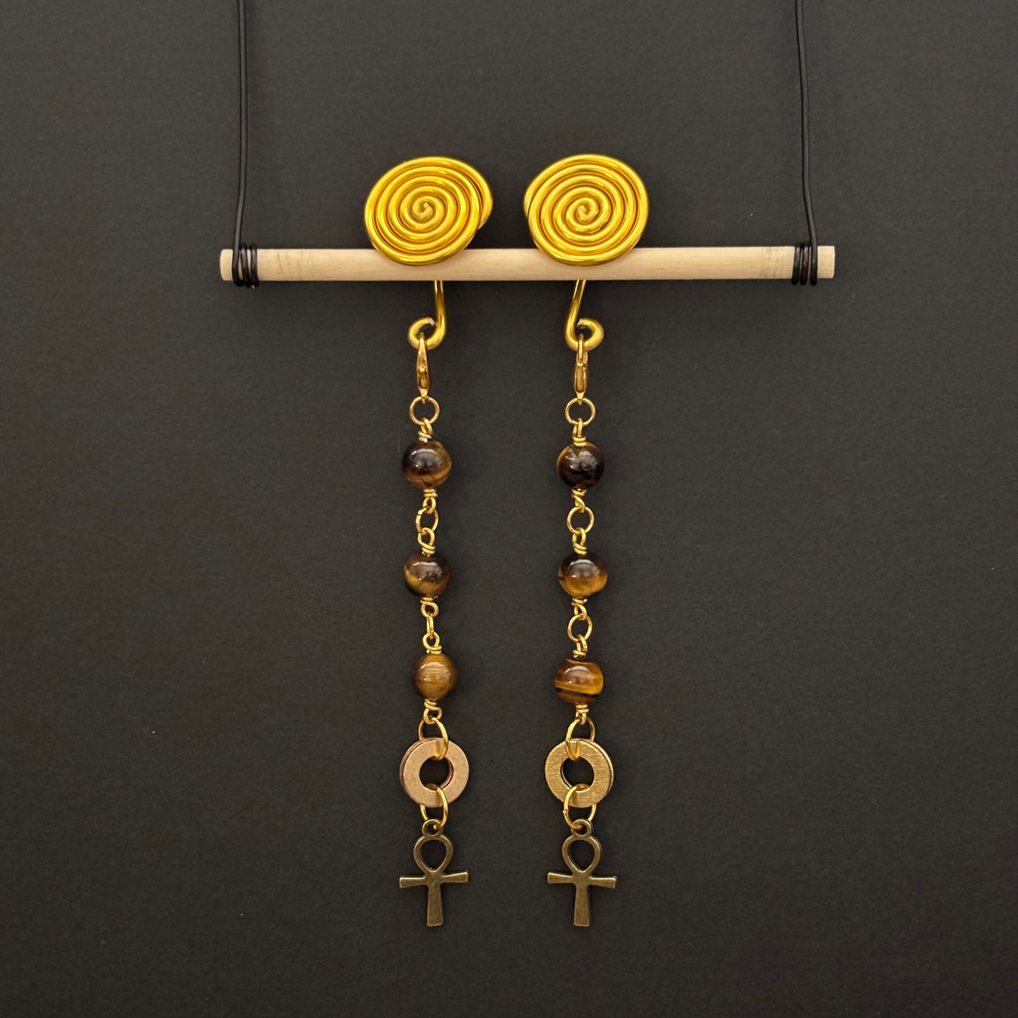 Golden Spiral Gauge Earrings | Tigers Eye Ankh