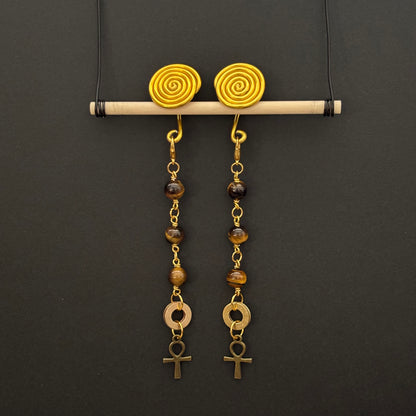 Golden Spiral Gauge Earrings | Tigers Eye Ankh