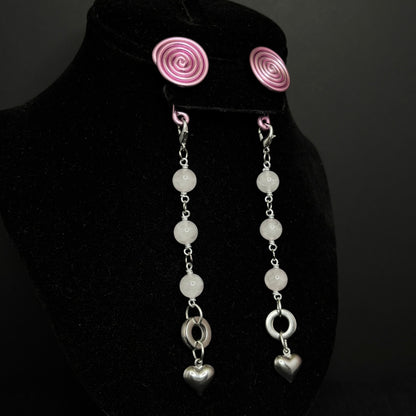 Pink Spiral Gauge Earrings | Rose Quartz Heart