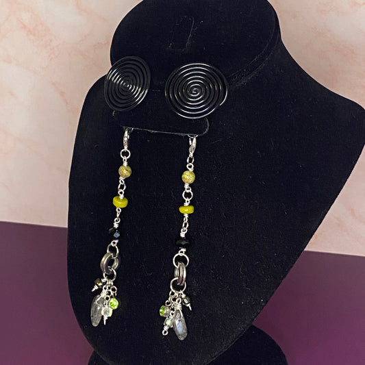 Black And Green Spiral Gauge Cluster Earrings 24mm - 25mm