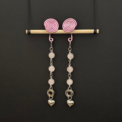 Pink Spiral Gauge Earrings | Rose Quartz Heart