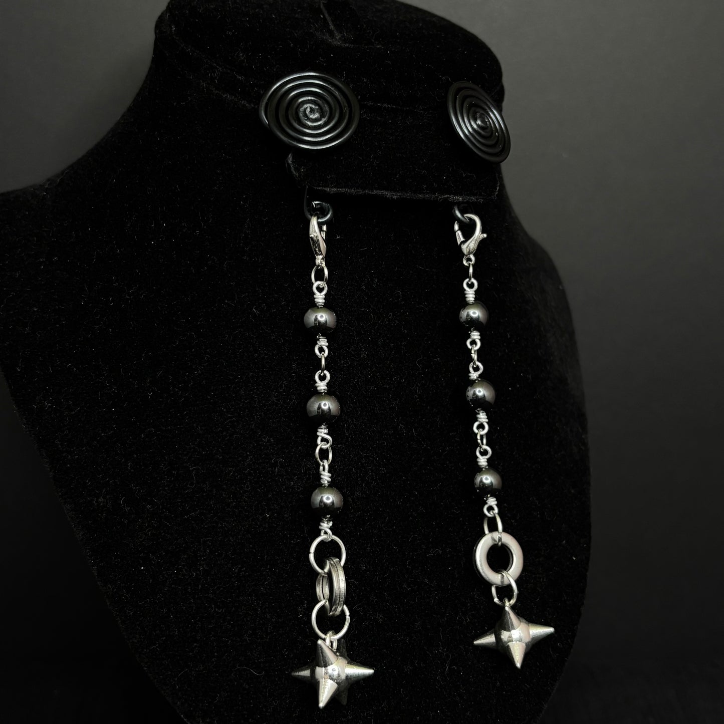 Black Spiral Gauge Earrings | Hematite Spike Ball